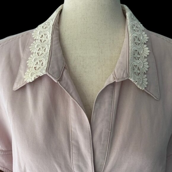 KRIZIA Designer Tailored Sheath Shirt Dress Pink Lace Collar Short Sleeve Sz 14 - Picture 2 of 16